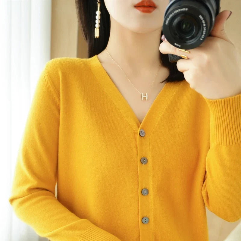 Damen Cardigan V-Ausschnitt Langarm Strickjacke mit Knöpfen