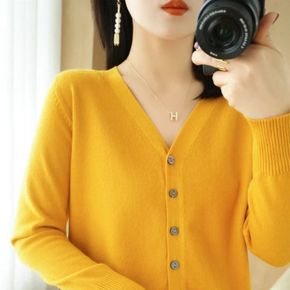 Damen Cardigan V-Ausschnitt Langarm Strickjacke mit Knöpfen