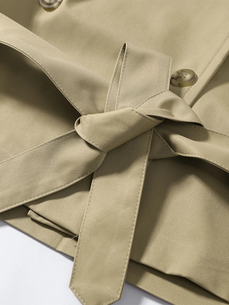 Kurze Trenchjacke Damen Beige Doppelreihig mit Bindegürtel Stehkragen