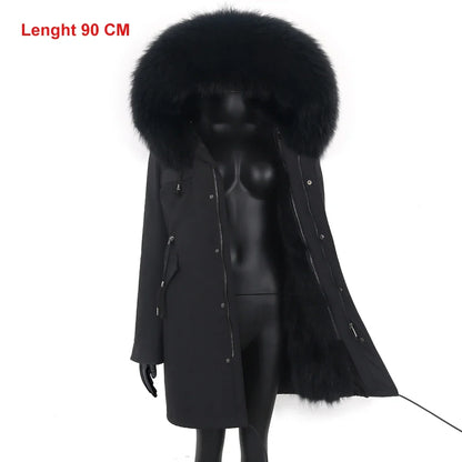 Damen Winterparka Schwarz mit Pelzbesatz Kapuze Lang