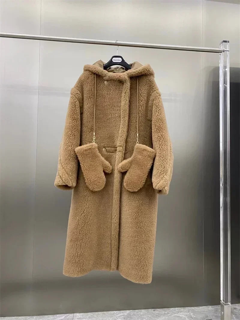 Damen Teddyfell Mantel lang mit Kapuze und Handschuhen