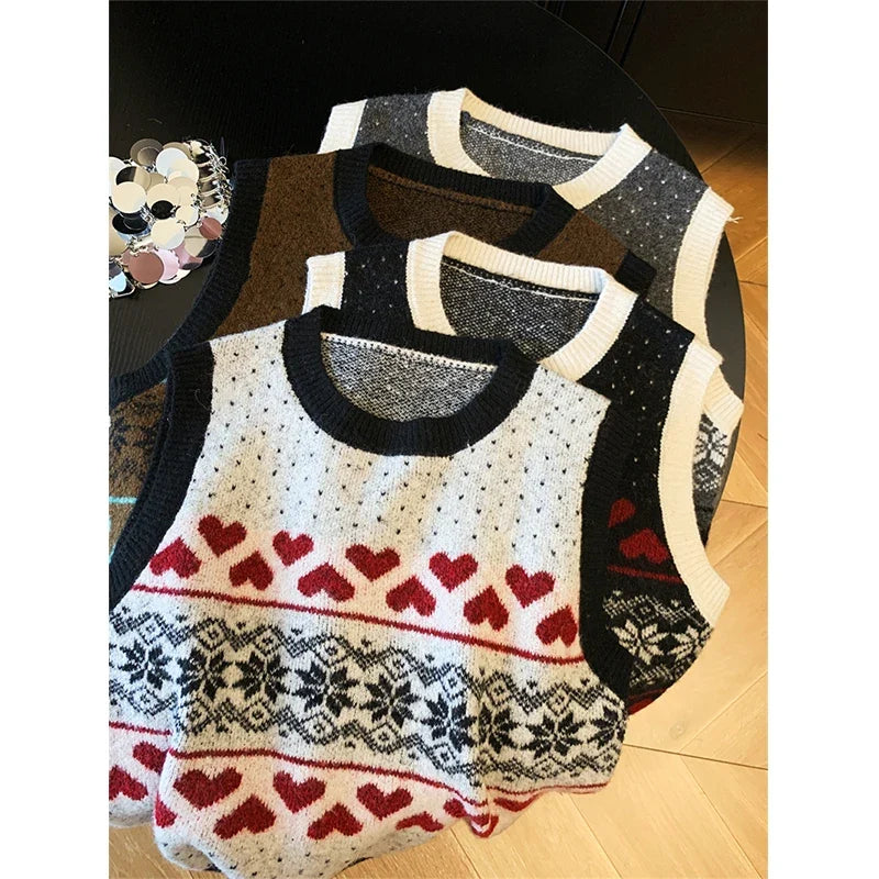 Strick Weste Damen Rundhals Fair Isle Muster Herz Schneeflocke