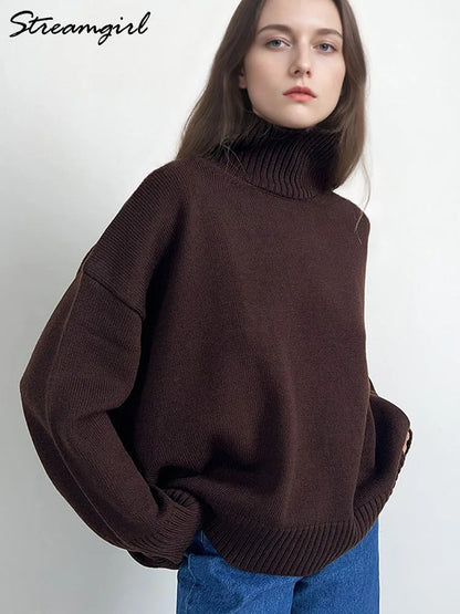 Damen Rollkragenpullover Oversize Strickpullover Lange Ärmel