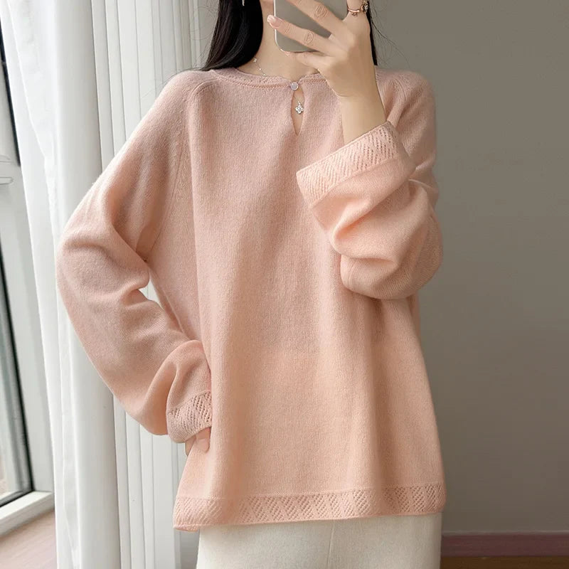 Damen Pullover Langarm Rundhals mit Lochdetails Hellrosa