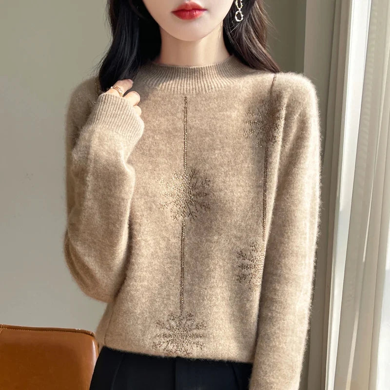 Damen Pullover mit Stehkragen und Schneeflocken-Strassmuster