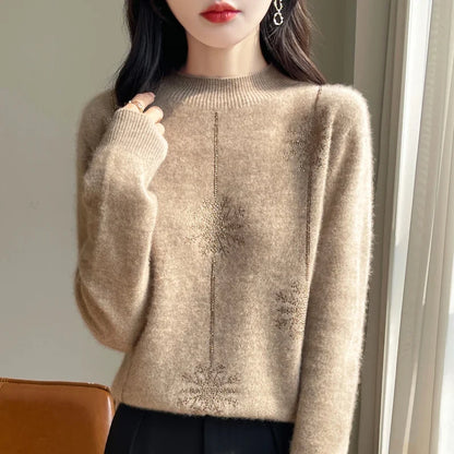 Damen Pullover mit Stehkragen und Schneeflocken-Strassmuster