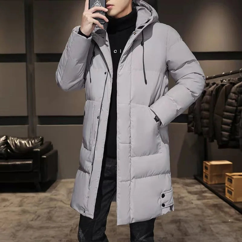Herren Winter Steppmantel Lang mit Kapuze Warm Jacke Grau