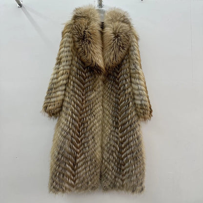 Damen Langer Mantel aus Kunstfell mit Chevron-Muster und Kragen