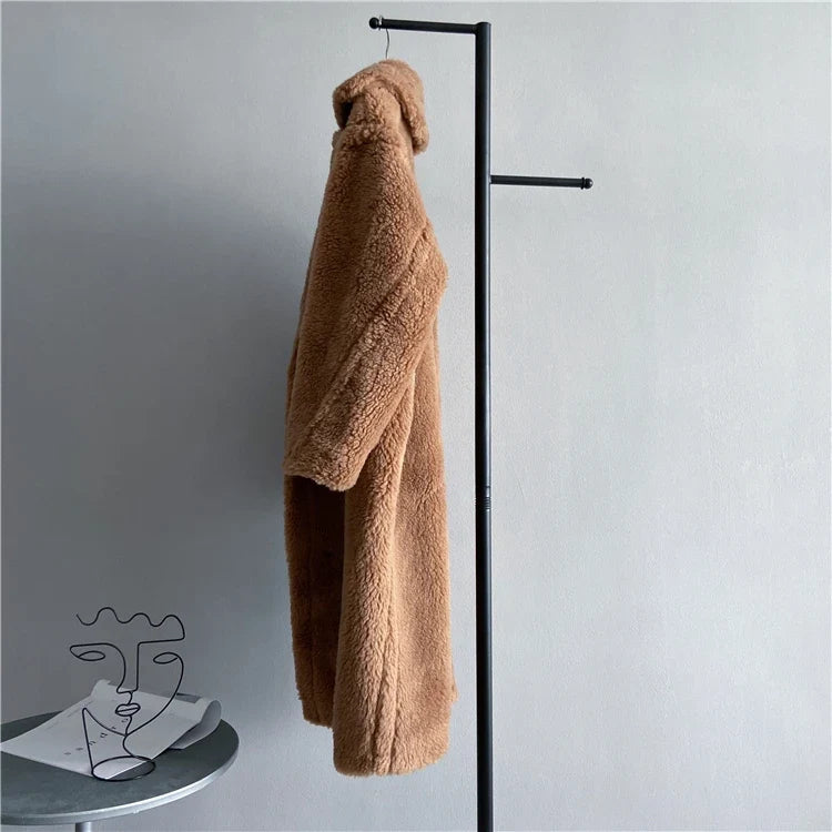 Damen Teddy-Mantel mit Reverskragen Lang Warmer Plüschmantel