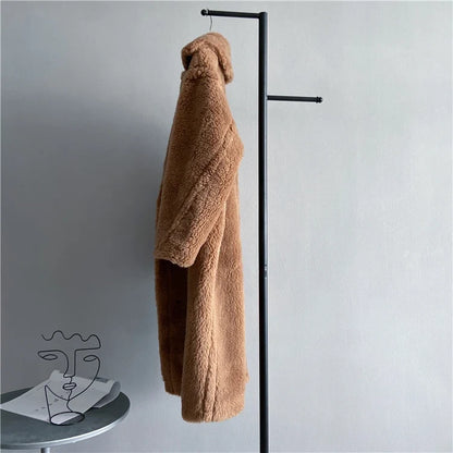 Damen Teddy-Mantel mit Reverskragen Lang Warmer Plüschmantel