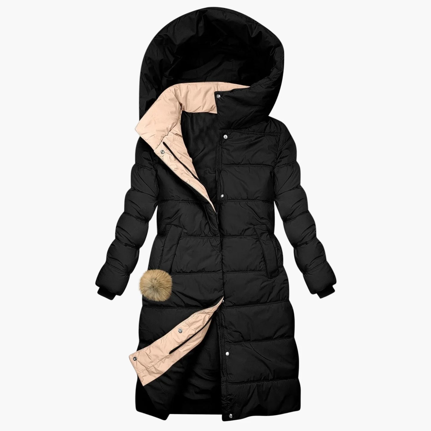 Damen Langer Winter Steppmantel mit Kapuze – Eleganter Kuschel-Parka für Alltag & Freizeit