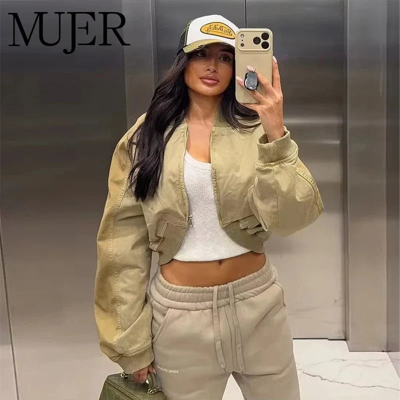 Damen Cropped Bomberjacke Kurz Khaki Reißverschluss Übergangsjacke
