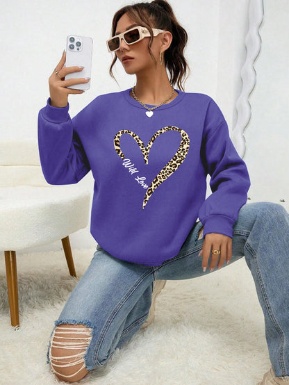 Damen Sweatshirt mit Leopardenherz-Druck Rundhals Langarm Pullover