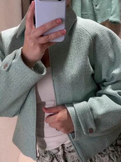 Damen Kurzjacke mintgrün mit Reißverschluss Kragen Tweed-Optik