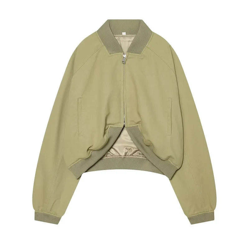 Damen Cropped Bomberjacke Kurz Khaki Reißverschluss Übergangsjacke