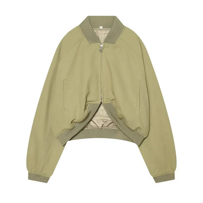 Damen Cropped Bomberjacke Kurz Khaki Reißverschluss Übergangsjacke