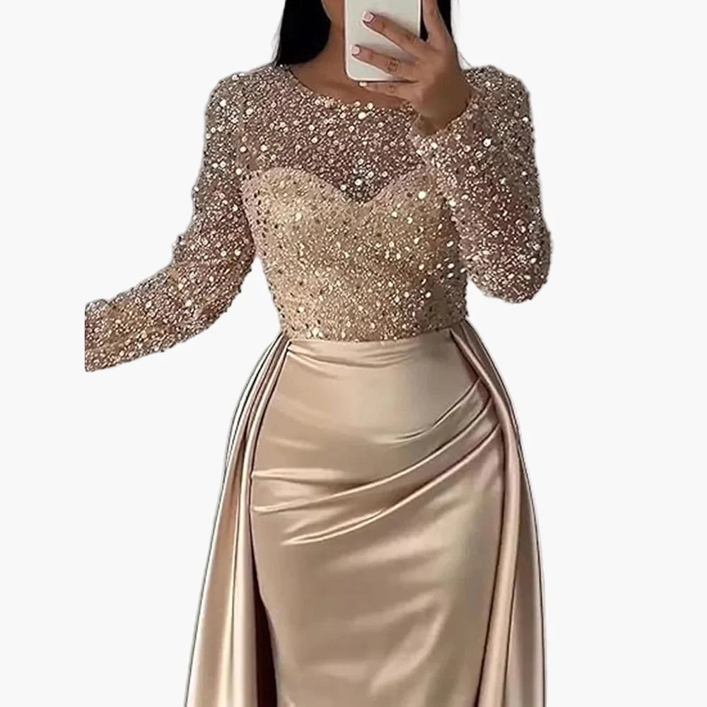 Damen Abendkleid Elegant Festlich Langarm Pailletten Satin Glanz Abendmode