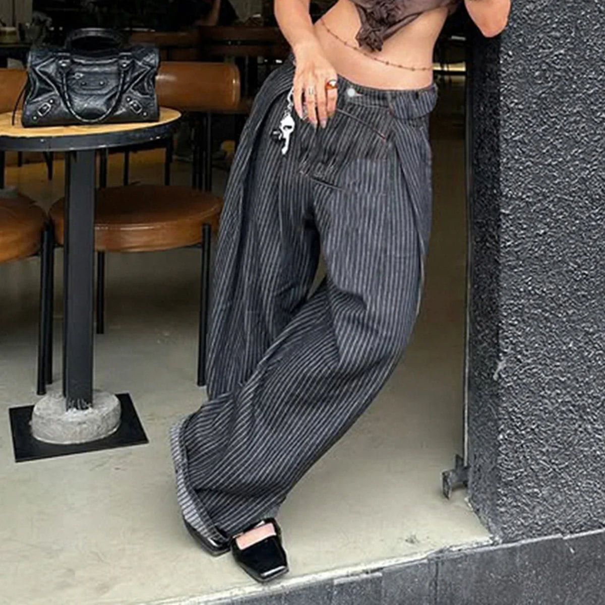 Damen Baggy Hose gestreift Schwarz weites Bein lockere Passform