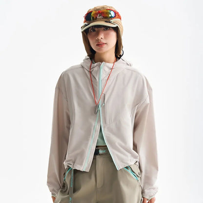 Damen Kurze Kapuzenjacke Windbreaker Leicht Reißverschluss