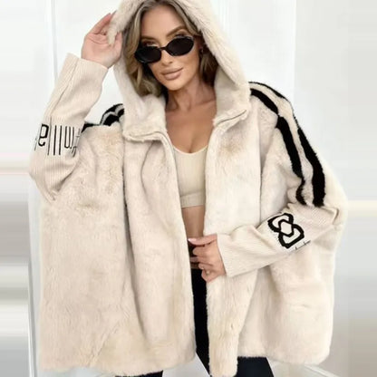 Damen Hoodie Jacke Plüsch Optik mit Strickärmeln und Reißverschluss