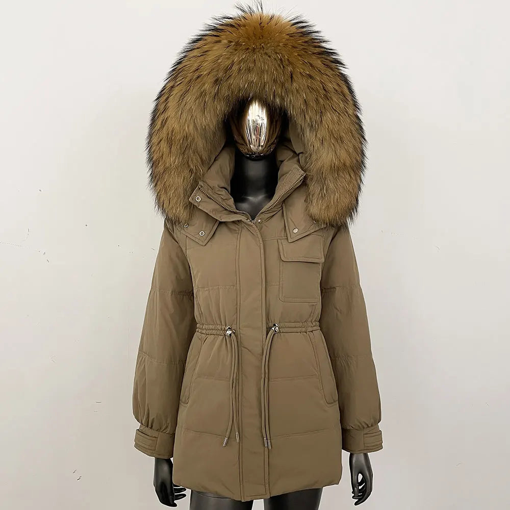 Damen Winter Parka mit Kapuze und Fellkragen Tunnelzug Weiß
