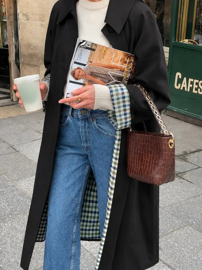 Damen Trenchcoat Lang Übergangsjacke Kariert Gefüttert Khaki Beige Schwarz Zweireiher