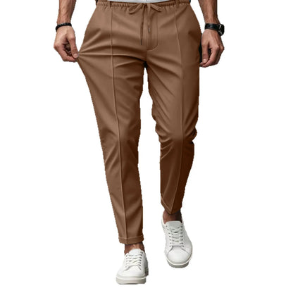 Herren Freizeithose Khaki Elastischer Bund Kordelzug Mit Bügelfalte