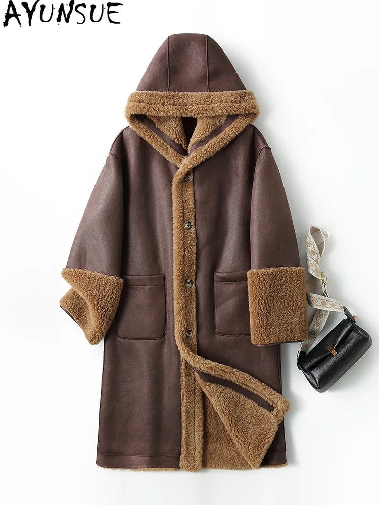 Damen Teddy Mantel mit Kapuze, Lang, Braun
