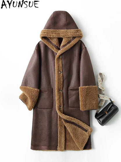 Damen Teddy Mantel mit Kapuze, Lang, Braun