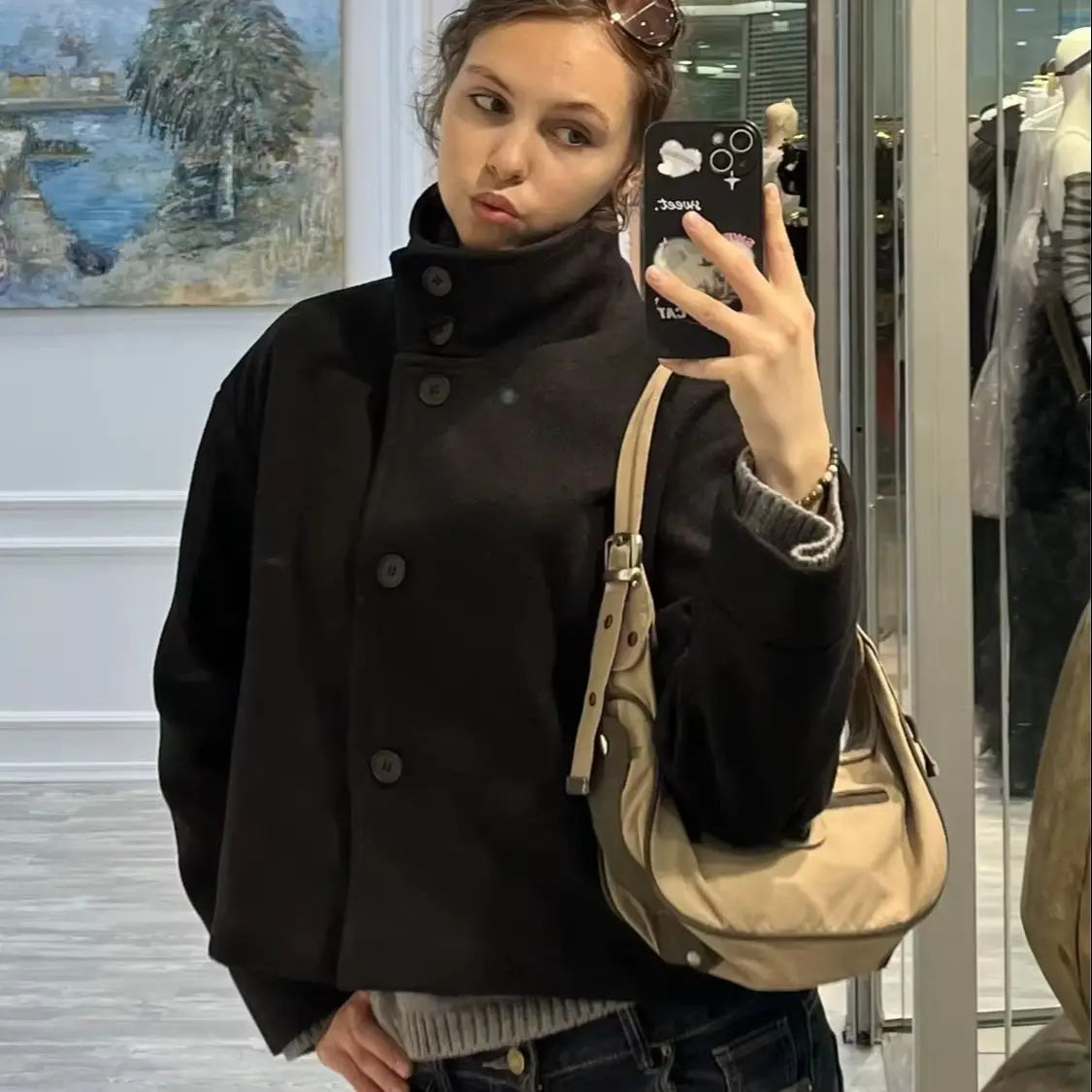 Damen Kurzjacke mit Stehkragen und weiten Ärmeln, lockere Passform