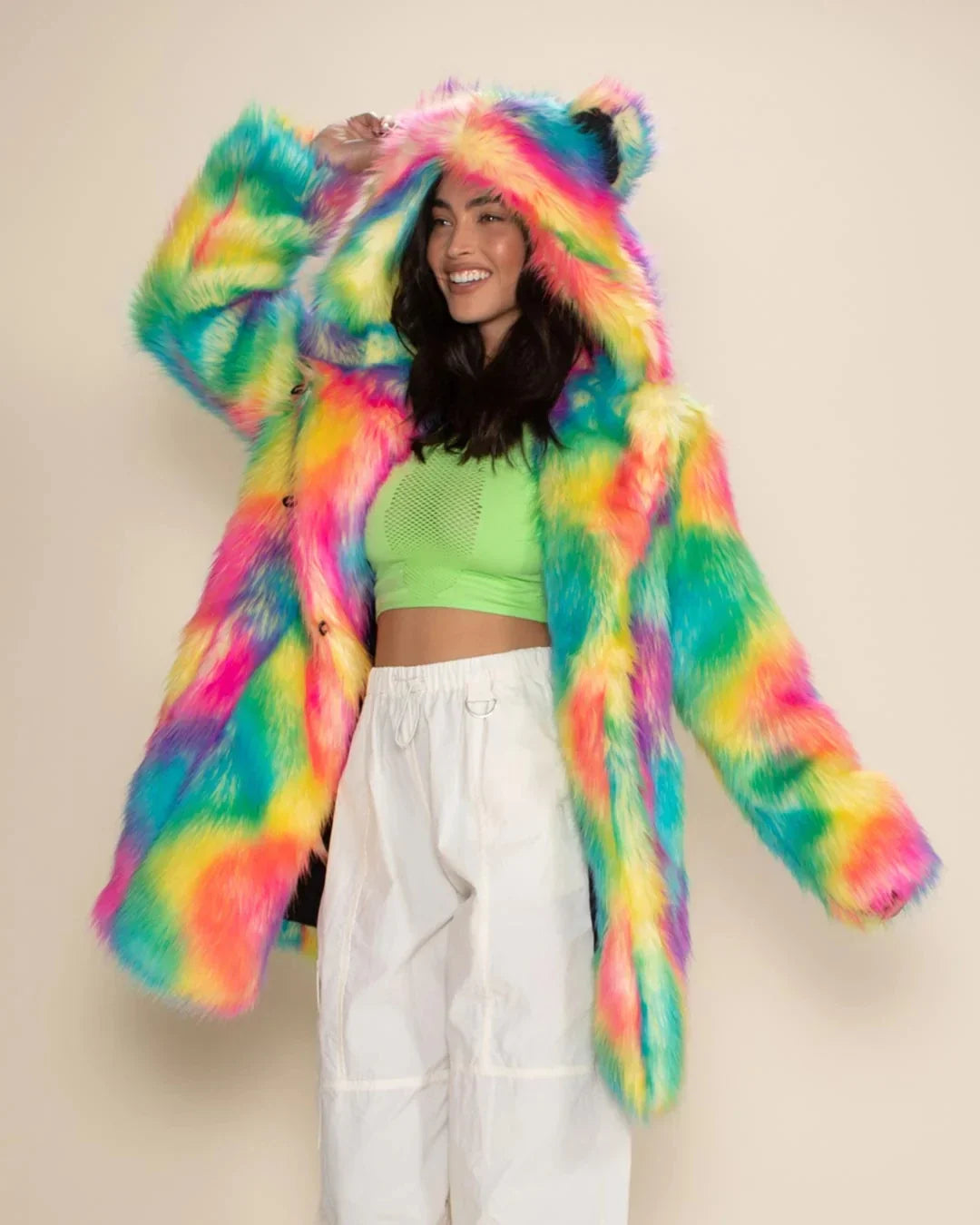 Bunte Kunstfelljacke mit Kapuze und Ohren
