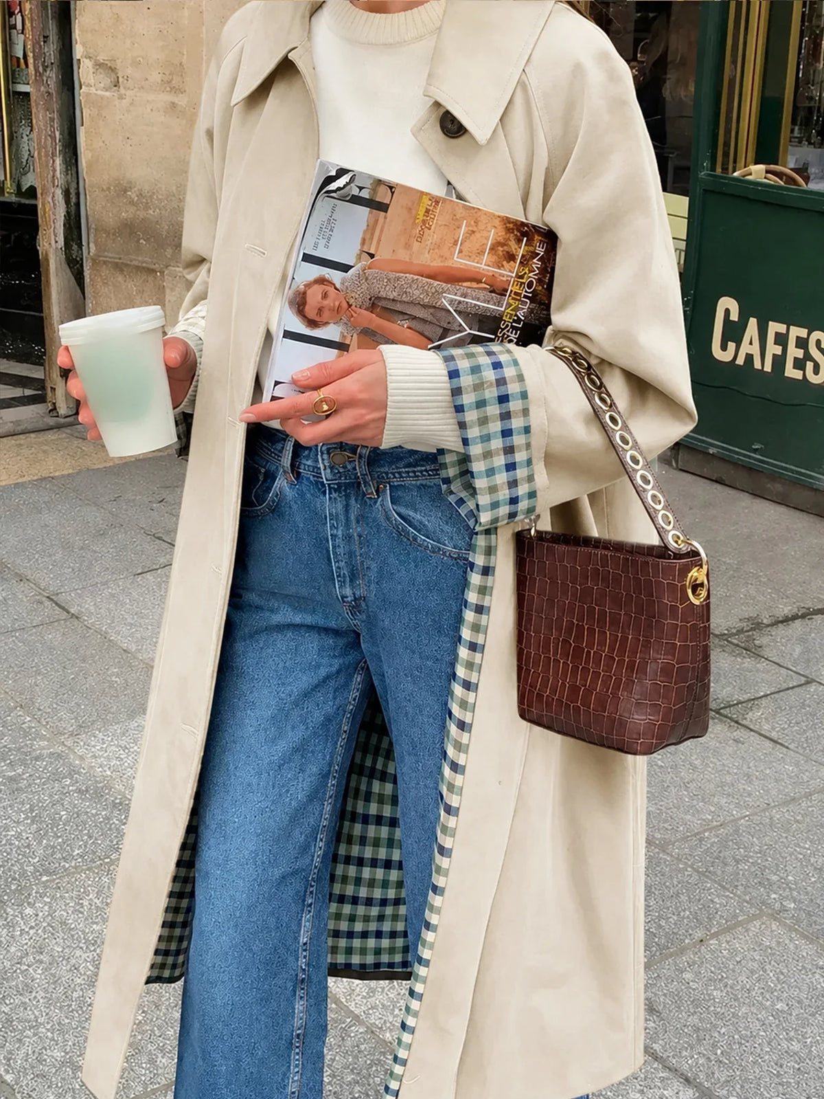 Damen Trenchcoat Lang Übergangsjacke Kariert Gefüttert Khaki Beige Schwarz Zweireiher