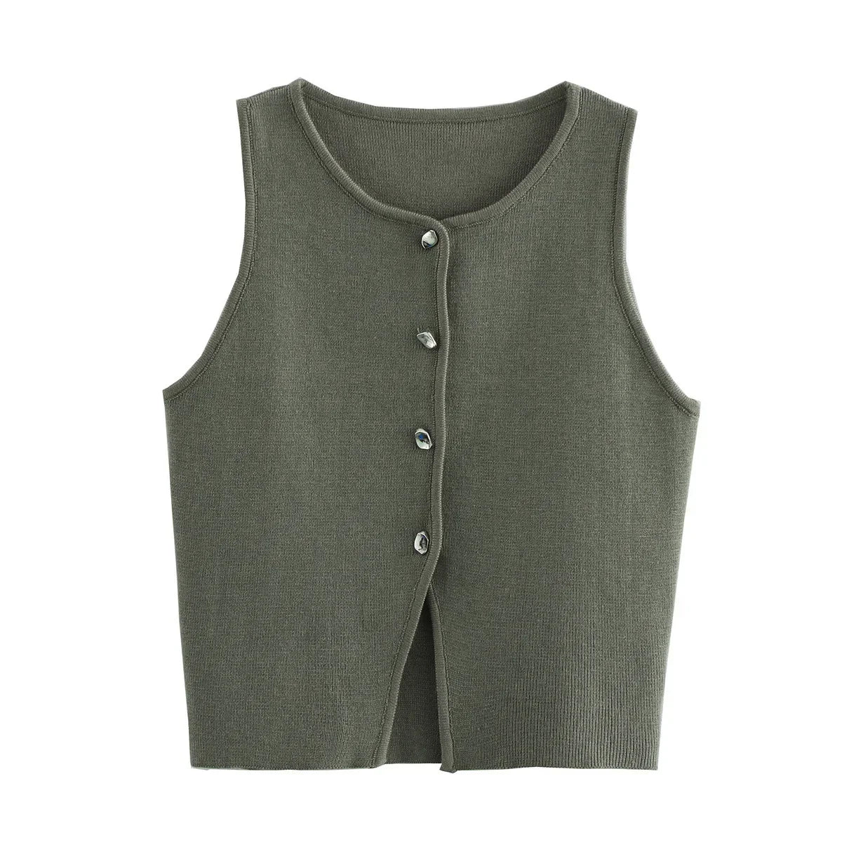 Damen Strick Crop Top Weste mit Knopfleiste Ärmellos Rundhals