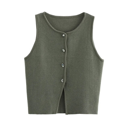 Damen Strick Crop Top Weste mit Knopfleiste Ärmellos Rundhals