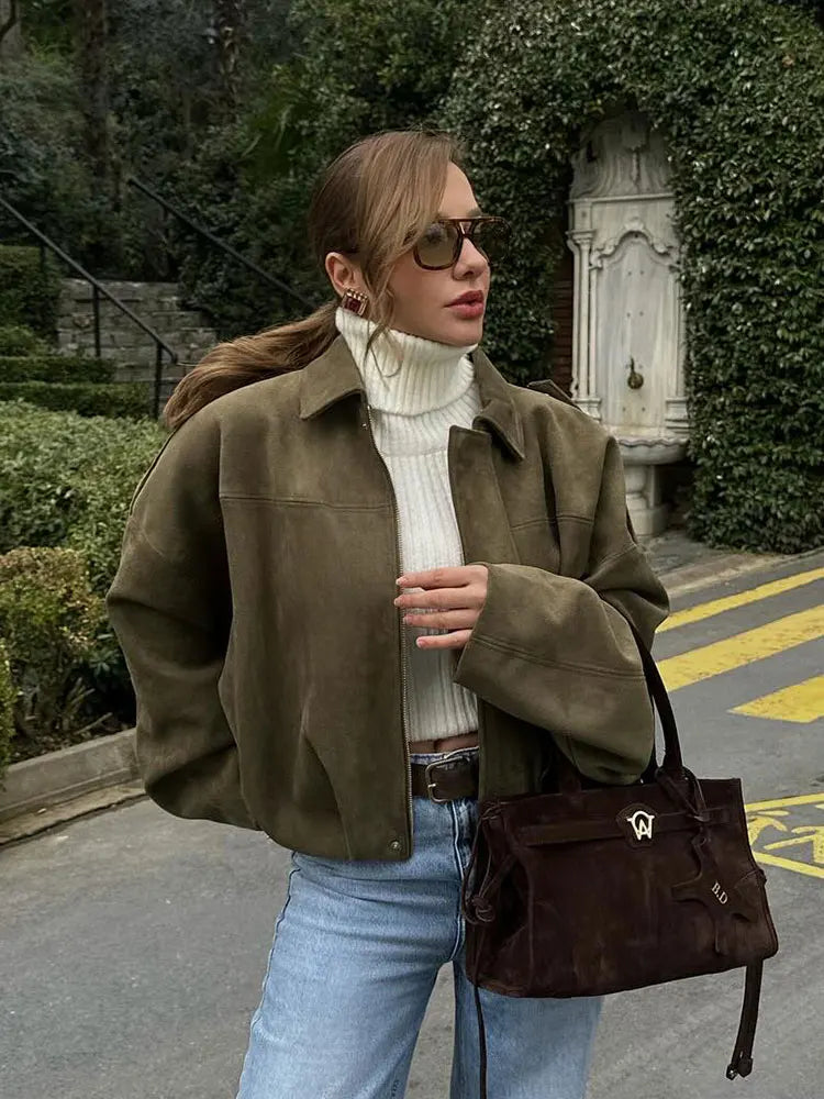 Damen Kurzjacke Oversize Cropped mit Kragen Braun