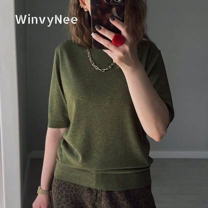 Damen Kurzarm Strickpullover Rundhals Weicher Feinstrick