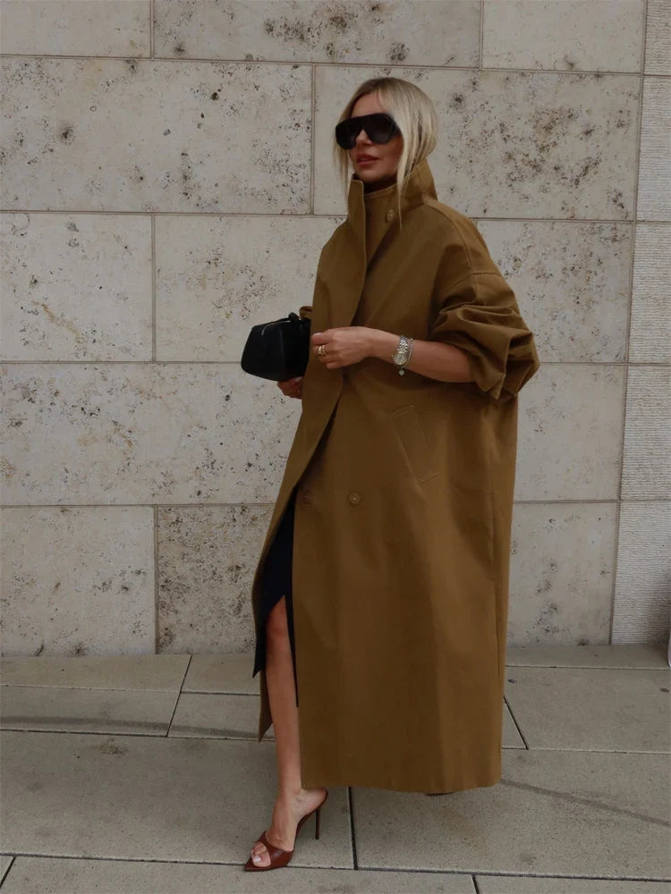 Damen Trenchcoat Lang Übergangsjacke Mantel mit Gürtel