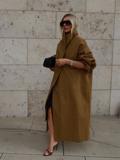 Damen Trenchcoat Lang Übergangsjacke Mantel mit Gürtel