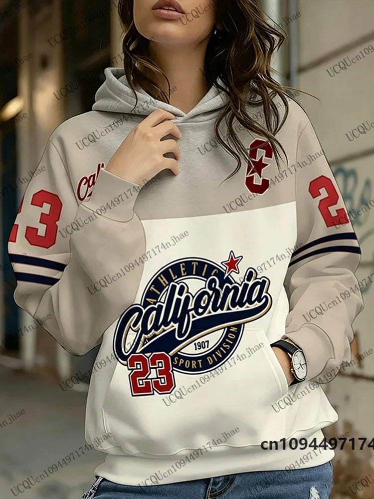 Damen Hoodie Kapuzenpullover mit California Sport Print und Bauchtasche
