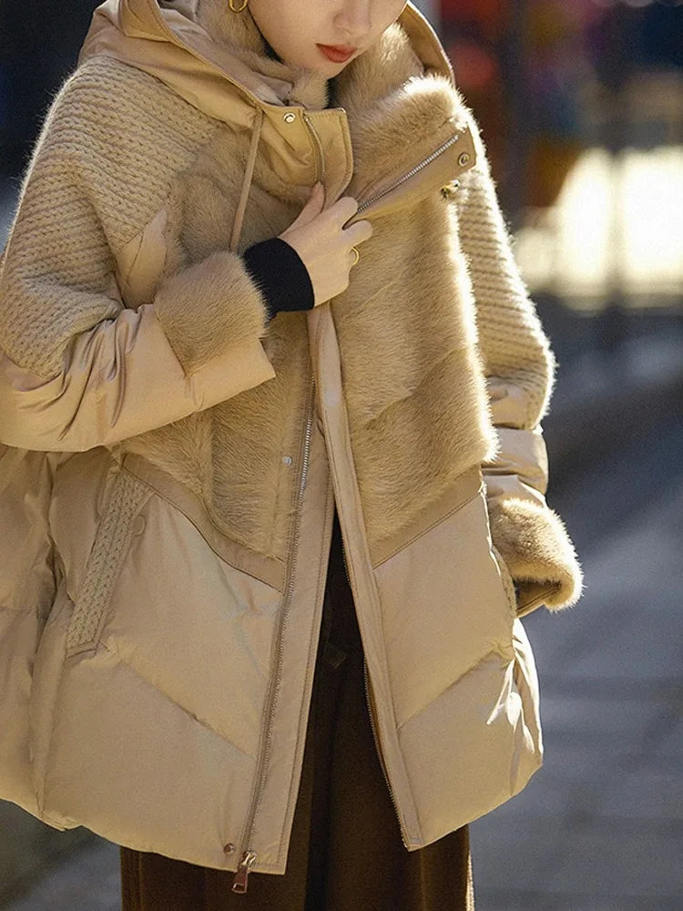 Damen Winter Steppjacke mit Kapuze Teddyfutter Strickdetails Beige