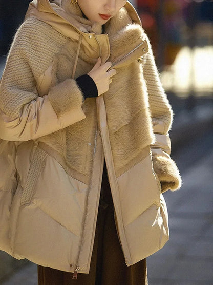 Damen Winter Steppjacke mit Kapuze Teddyfutter Strickdetails Beige