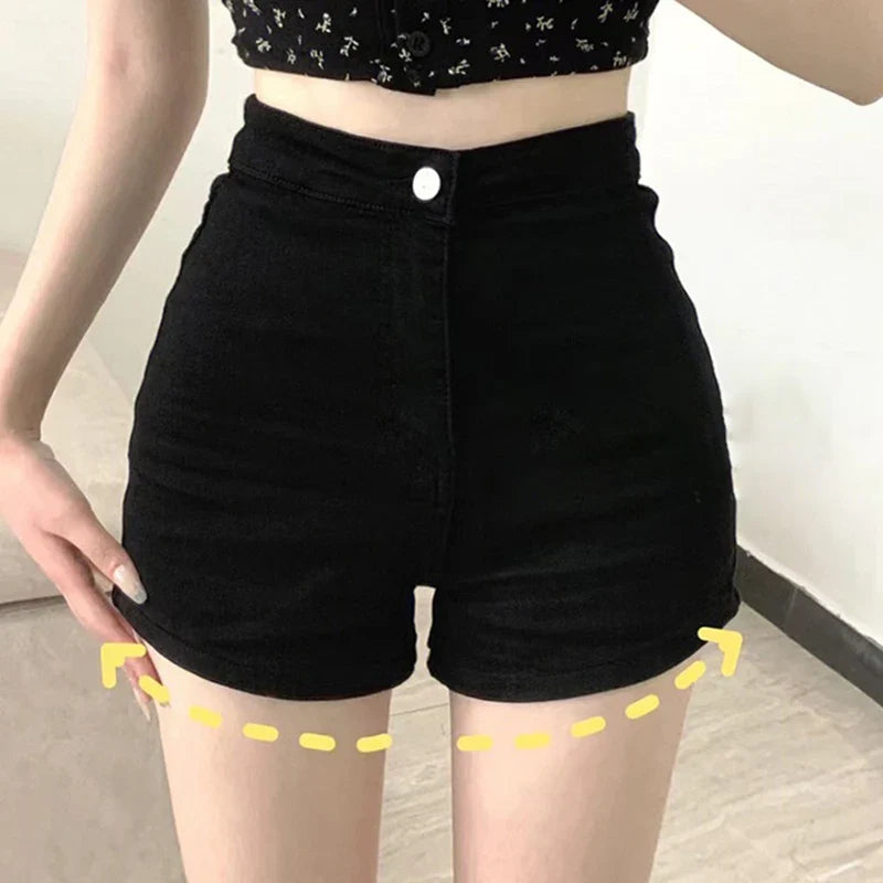 Damen High Waist Shorts Schwarz mit Knopfverschluss