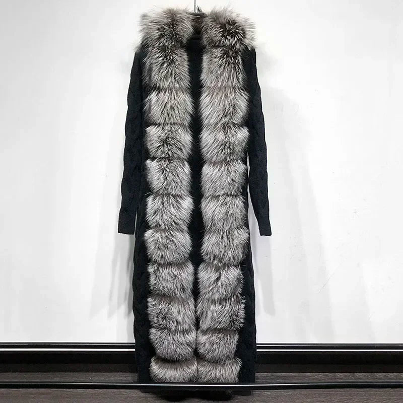Damen Strickmantel Lang mit Kunstfellbesatz Zopfmuster Kapuze Winter