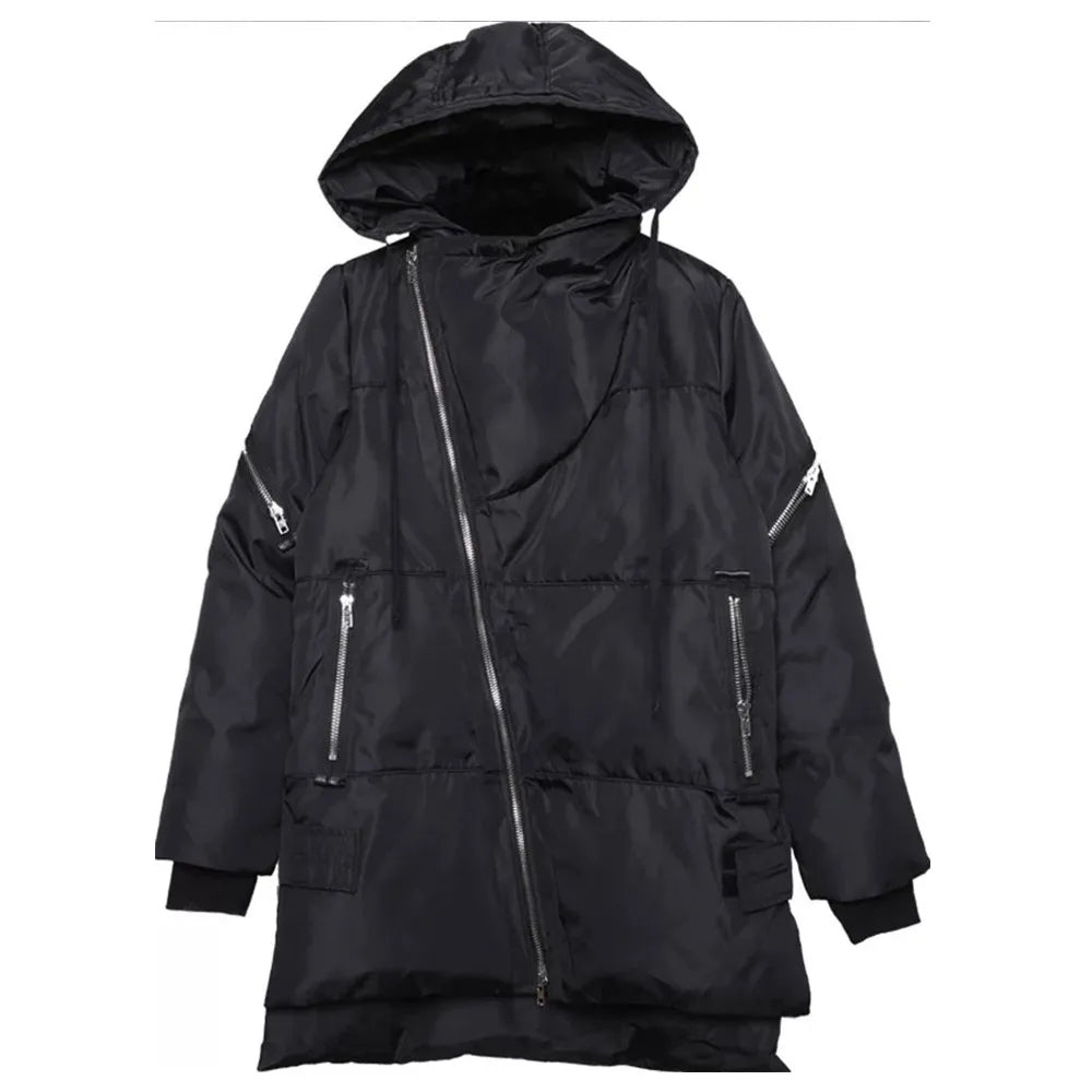 Unisex Winterjacke Schwarz mit Asymmetrischem Reißverschluss und Kapuze