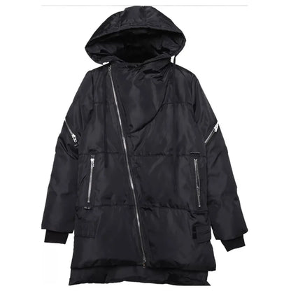 Unisex Winterjacke Schwarz mit Asymmetrischem Reißverschluss und Kapuze