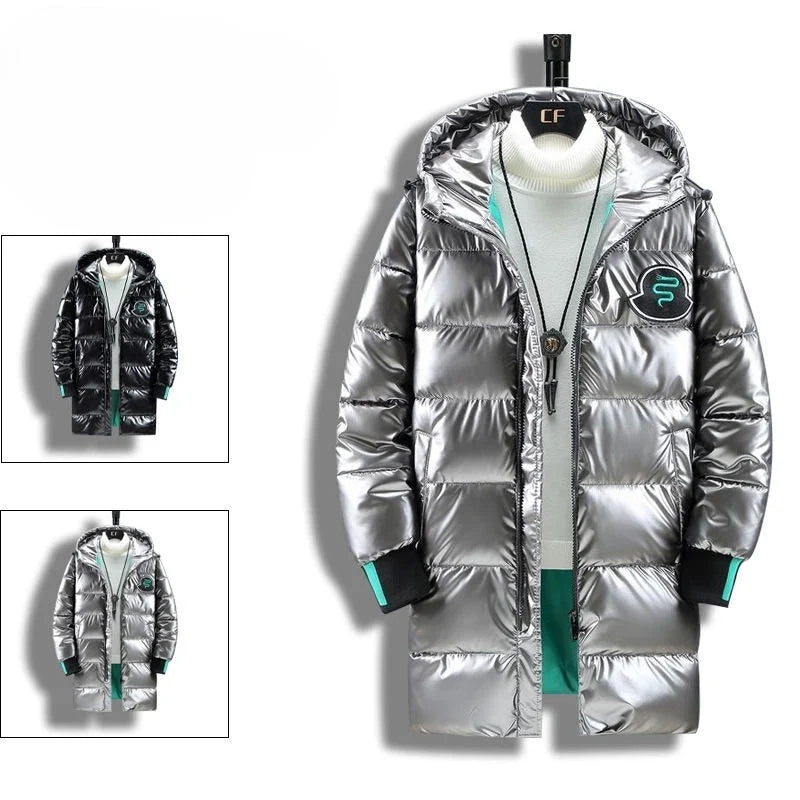 Glänzender Herren Daunenmantel mit Kapuze Schwarz Silber Metallic Winterjacke