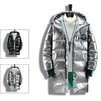 Glänzender Herren Daunenmantel mit Kapuze Schwarz Silber Metallic Winterjacke