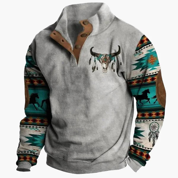 Herren Vintage Western Pullover mit Aztekenmuster und Halbknopfleiste – Freizeit Langarmshirt