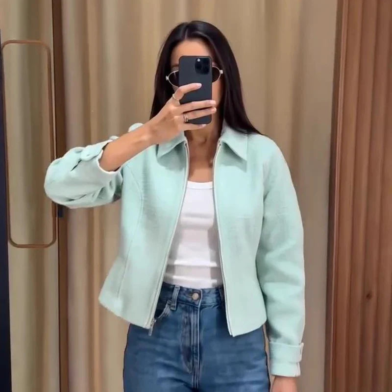 Damen Kurzjacke mit Reißverschluss – Mintgrün Struktur-Optik