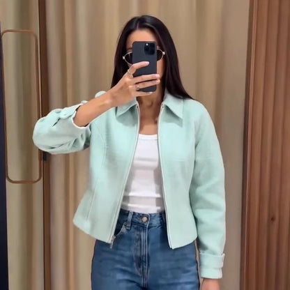 Damen Kurzjacke mit Reißverschluss – Mintgrün Struktur-Optik